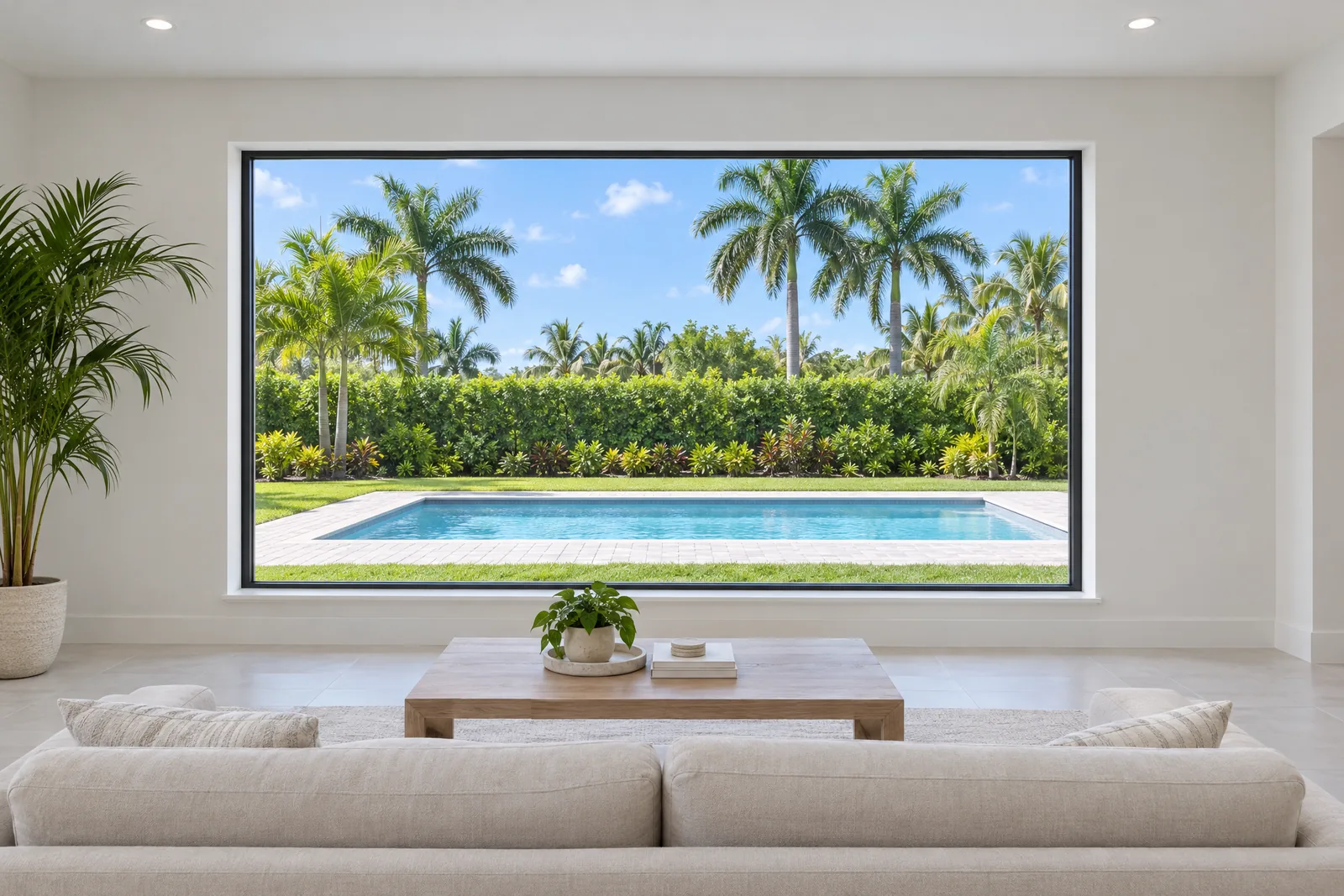 Living room with a large black-framed picture window looking out on a pool and palm trees