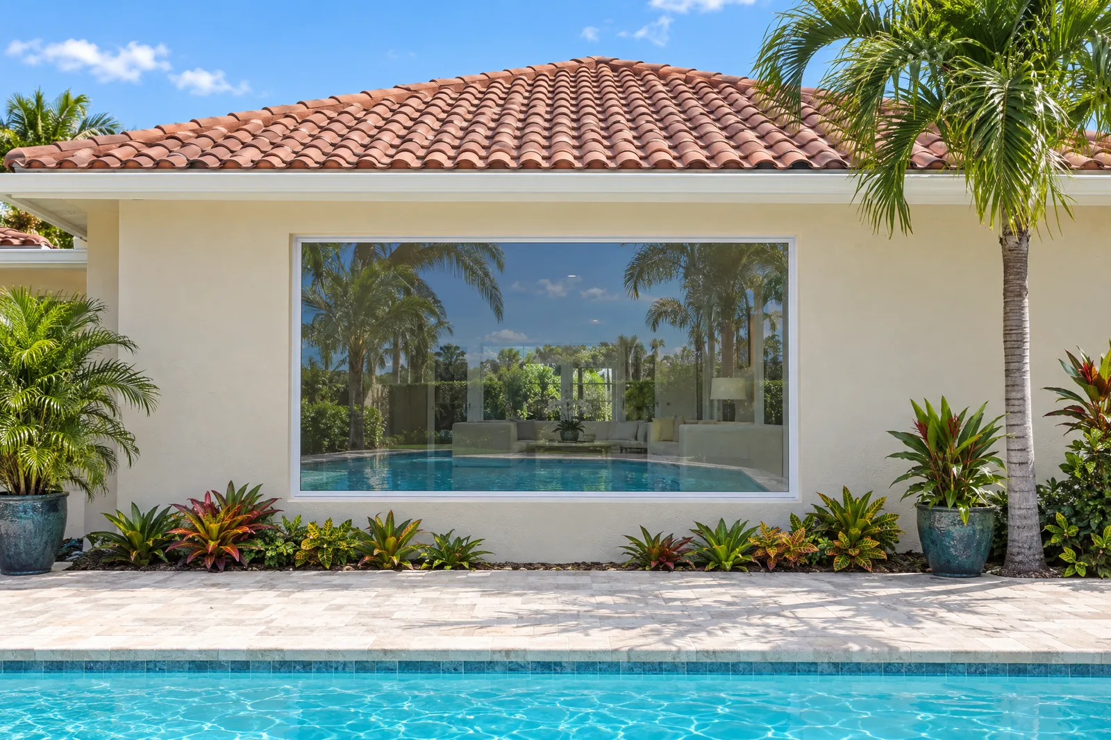 Large white-framed picture window on the back of a South Florida home with a clay tile roof, beside a pool