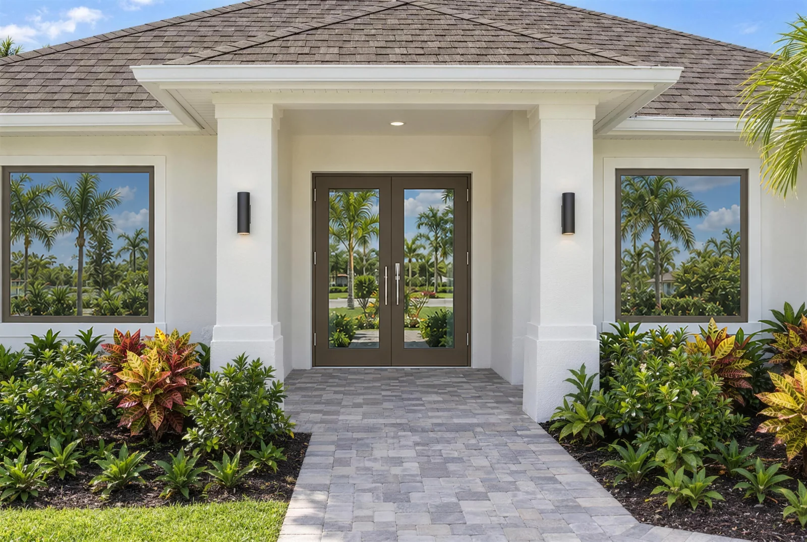 Florida home's front porch with two large picture windows and glass entry doors in Bermuda Bronze frames