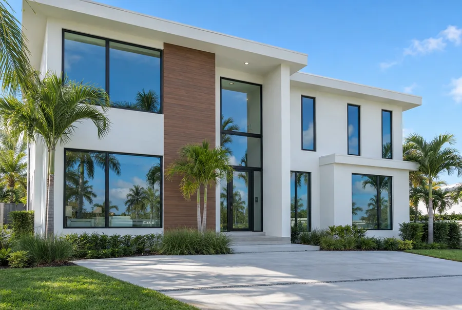 Modern two-story Florida home with large black-framed fixed and casement windows